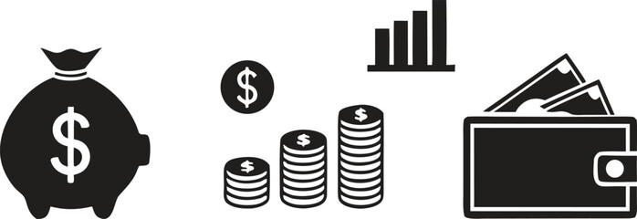 Black icons of money bag coins stacks graph and wallet with cash dollar sign stacks of coins
