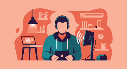 Person working from home with laptop, tablet and headphones.  Ideal for blog posts, websites, or presentations about remote work.