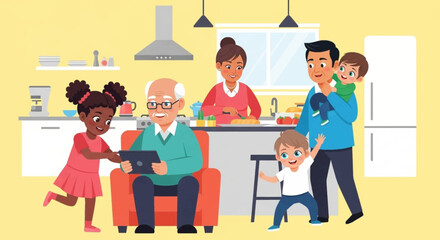Happy multigenerational family in the kitchen using tablet. Perfect for family, technology, and togetherness themes.