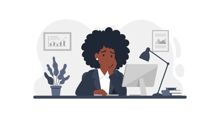 Worried businesswoman at her desk, perfect for illustrating stress, deadlines, or workplace anxiety in presentations or articles.