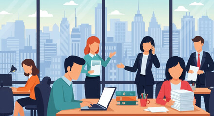 Fototapeta premium Diverse business team working in modern office with cityscape view. Ideal for website banners, presentations, or brochures.