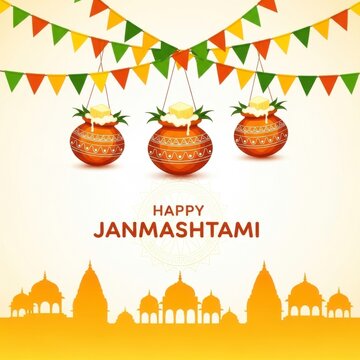 Happy janmashtami krishna celebration hindu festival dahi handi pots garland temples festive background design