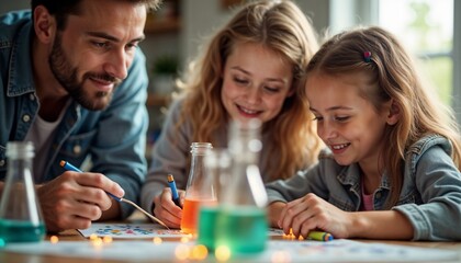 Fototapeta premium father and two daughters enjoying creative time together at home
