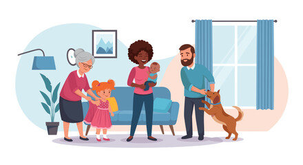 Happy multigenerational family with dog at home. Perfect for family, home, and togetherness themes.