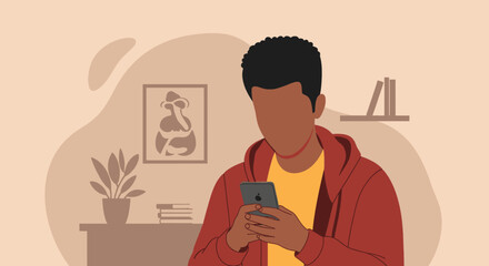 Young man using smartphone at home, perfect for websites or social media posts about technology and lifestyle.