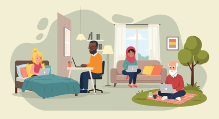 Diverse group of people working remotely from home and outdoors, ideal for illustrating work-life balance or remote work.