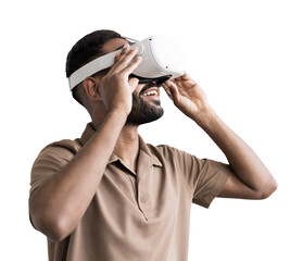 Young man using virtual reality headset isolated in transparent PNG, VR, future, gadgets, technology concept