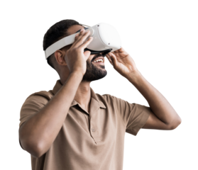 Young man using virtual reality headset isolated in transparent PNG, VR, future, gadgets, technology concept