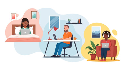 Remote Work Illustration: Diverse Team Working from Home, Perfect for Blogs, Websites, and Presentations