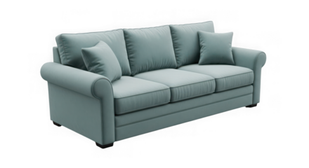 Ai generated image of a comfortable blue sofa with cushions isolated on transparent background
