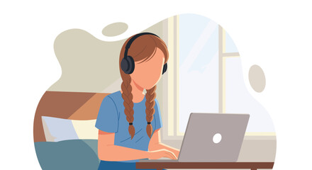 Girl with headphones working on laptop, ideal for blog posts about online learning or remote work.