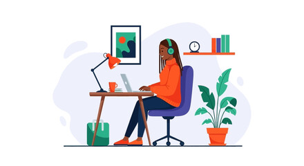 Happy woman working from home, perfect for remote work blogs or websites.