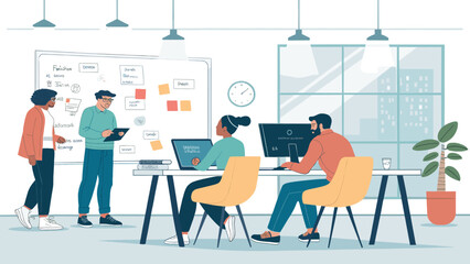 Diverse team collaborating in a modern office, perfect for illustrating teamwork and innovation on a company website or brochure.