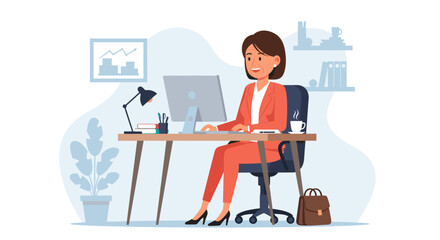 Happy businesswoman working at her desk, perfect for website banners or business brochures.