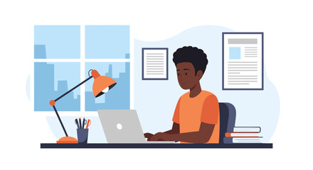 Young man working on laptop at home office, perfect for remote work, freelance, or study illustrations.