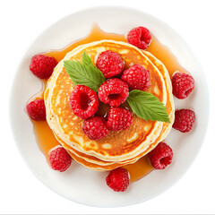 Stack of Pancakes Topped with Fresh Raspberries and Syrup