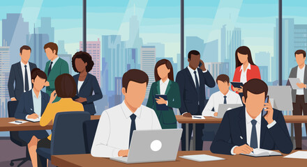 Diverse business team working in modern office with city view. Ideal for website banners, presentations, or brochures.