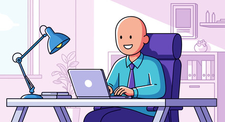 Happy businessman working on laptop in modern office, perfect for website landing page or company brochure.