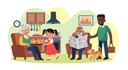 Happy multigenerational family at home, perfect for illustrating family values, togetherness, and wellbeing in brochures or websites.