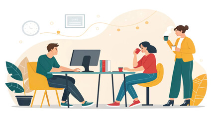 Teamwork in a modern office: Diverse colleagues collaborate on a project, enjoying coffee breaks and a positive work environment. Ideal for illustrating team spirit and productivity.