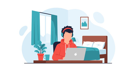 Person working from home on laptop, wearing headphones. Perfect for remote work, freelance, or work-life balance illustrations.