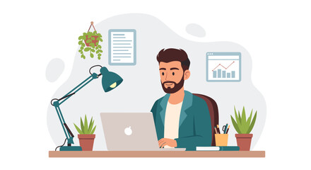 Man working on laptop at home office, perfect for websites and blog posts about remote work, productivity, or freelance.