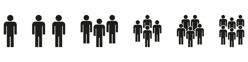 People Grouping Progression Solid Icon Set. Social Dynamics, Community Growth, And Population Increase Silhouette Symbol Collection. Human Interaction Representation. Isolated Vector Illustration