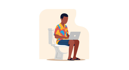 Man working on laptop while sitting on toilet - Illustration for blog, website or social media.