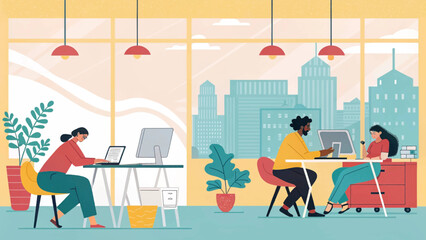 Diverse team collaborating in a modern office with city view, ideal for website landing pages or brochures.