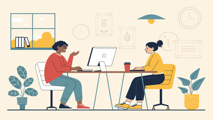 Two colleagues collaborating at a modern office desk, perfect for illustrating teamwork or a company website.