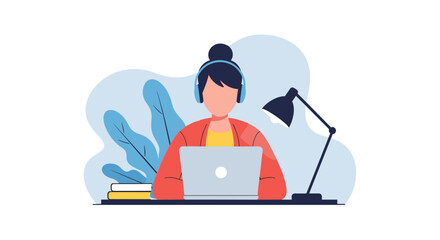 Woman working on laptop at desk, perfect for website banners, blog posts, or online learning platforms.