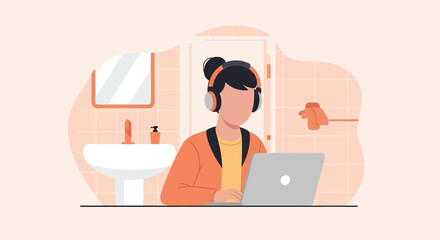 Person working on laptop in bathroom, perfect for articles about work-life balance or remote work.