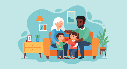 Happy multigenerational family sitting on a couch, perfect for family, love, and togetherness themes.