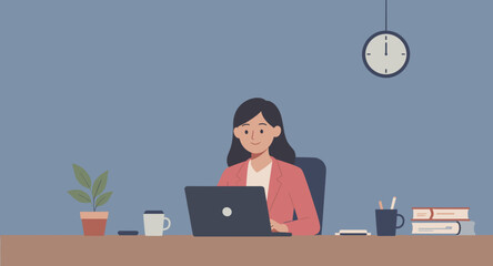 Woman working on laptop in modern office, perfect for website banners or business brochures.