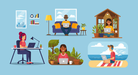 Diverse people working remotely from various locations: home office, garden, beach, and garden shed. Ideal for illustrating remote work, work-life balance, or flexible working.