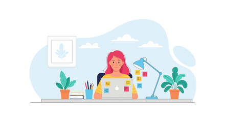 Woman working on laptop at home office, perfect for blog posts about remote work or productivity.