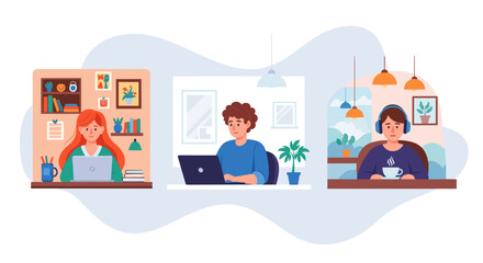 Remote Workers: Illustration of three people working from home, perfect for websites, blogs, and presentations on remote work, work from home, or telecommuting.