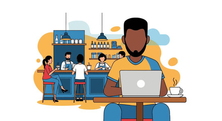 Man working on laptop in a cafe, ideal for blog posts about remote work or coffee shop culture.