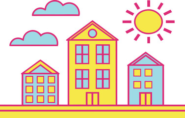 Simple cartoon houses with sun and clouds in bright colors buildings