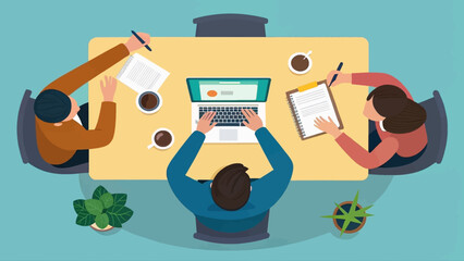 Top view of a business team collaborating around a table, perfect for illustrating teamwork or a project meeting.