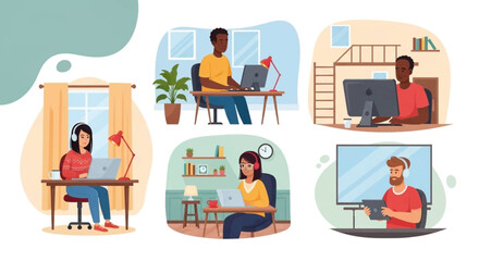 Diverse group of people working remotely from home, perfect for illustrating work from home concepts.