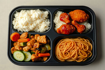 Boxed lunch menus, ready to serve. The menu consists of fried chicken pieces, coated in a glossy reddish sauce with a fine sprinkling of sesame seeds, adding texture and visual appeal. 