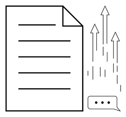 Basic document outline with parallel lines, upward-pointing arrows symbolizing growth, and a three-dot chat bubble. Ideal for teamwork, communication, productivity, strategy, progress, innovation