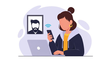 Young woman using laptop and smartphone, online communication concept illustration for website or app.