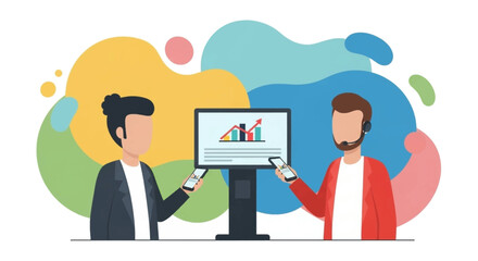 Business colleagues analyzing data on mobile phones and a digital display. Perfect for presentations on data analysis, teamwork, and modern business strategies.