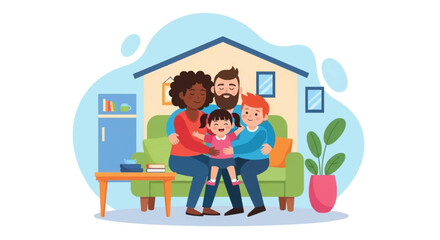 Happy diverse family sitting on a couch at home, perfect for family blogs, websites, or brochures.