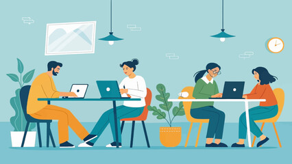 Teamwork in a modern office: Diverse group of colleagues collaborating on laptops, ideal for website or presentation.