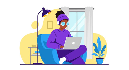 Woman working from home on laptop, illustration for blog, website or social media.