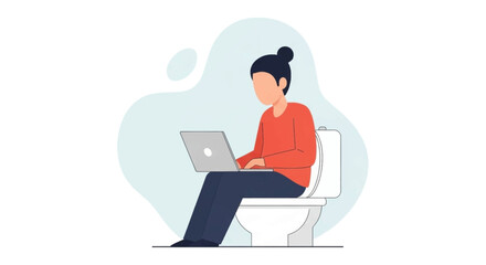 Person working on laptop while sitting on toilet; illustration for articles about work-life balance, remote work challenges, or humor.