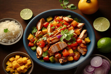 An appetizing and visually stunning bowl of food. The bowl contains slices of perfectly grilled chicken breast, slightly charred for texture, garnished with fresh coriander leaves.